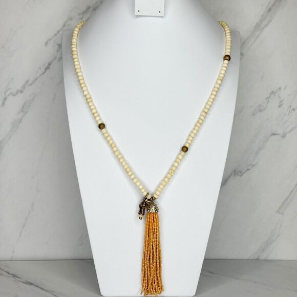 Chico's Beaded Tassel Necklace Gold Tone Camel Charm Pendant 36" ✨ - Picture 1 of 8